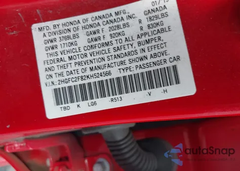 2019 Honda Civic Sport from USA, damaged, VIN 2HGFC2F82KH524566